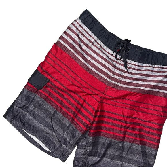 Ocean Pacific OP Swim Trunks Mens L 36-38 Red Gray Striped Pocket Logo Swimwear - Picture 2 of 8